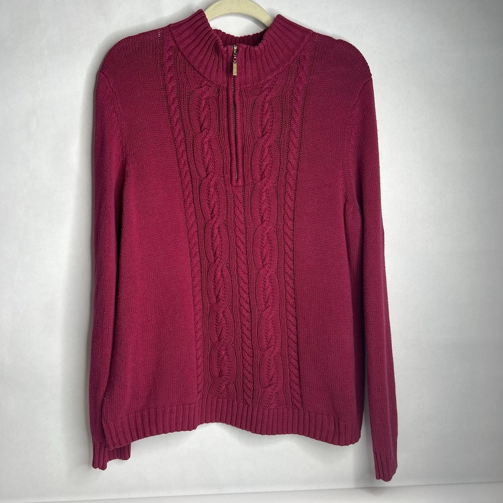 Croft Barrow Women's XL Quarter Zip Sweater Pink Raspberry Cable Knit Preppy